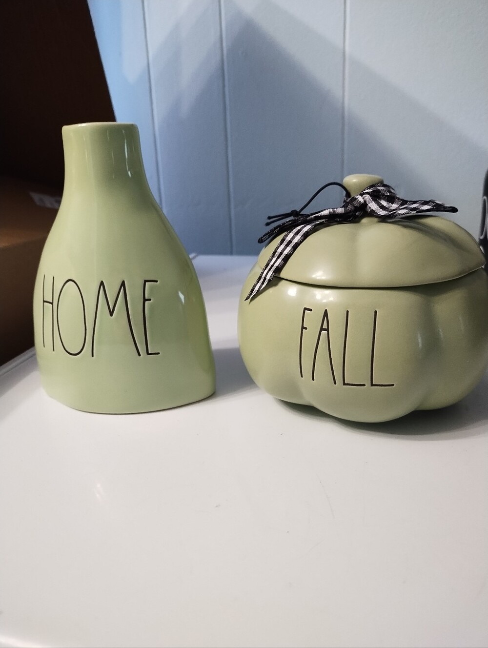 New Rae Dunn Sage Green "HOME"  Vase & "FALL" Pumpkin Cannister
